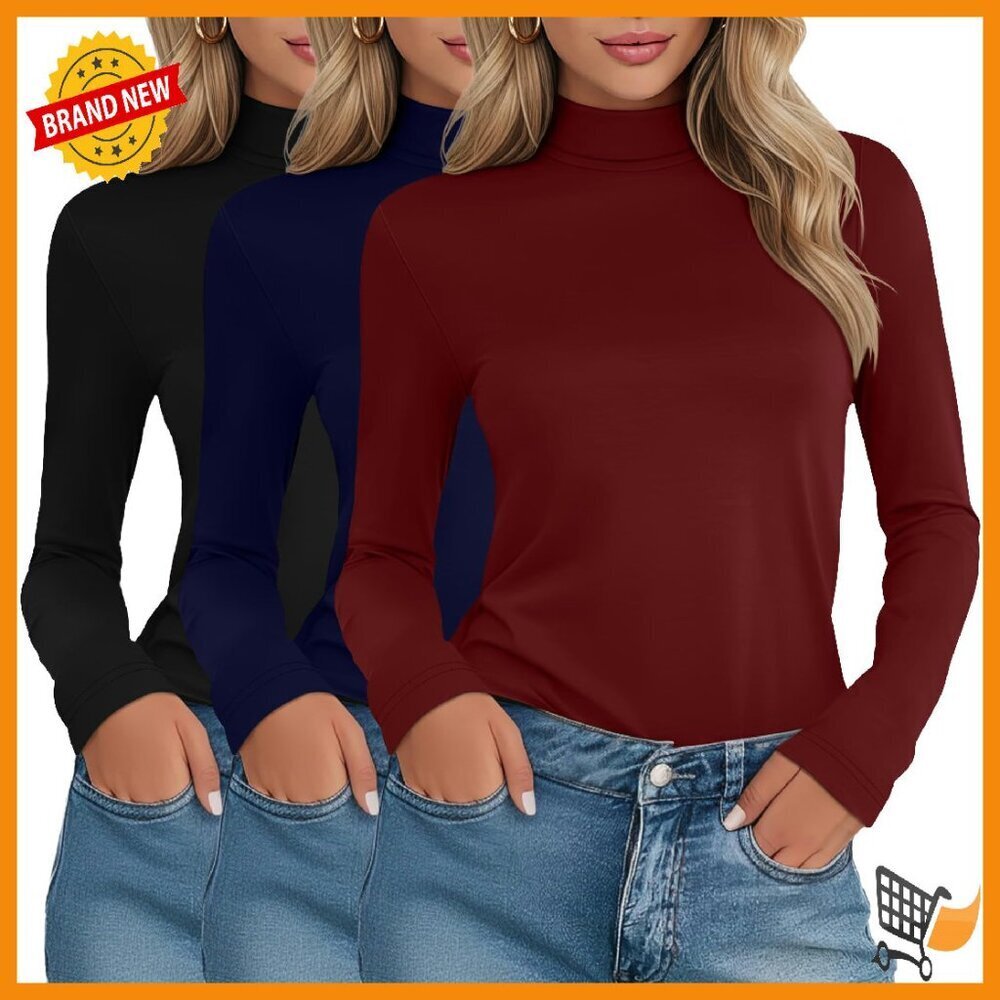 Women's Cotton Turtleneck Tops 3 Pack Long Sleeve Stretch Basic Layering